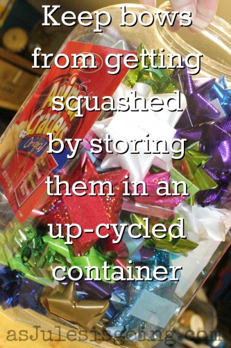 Keep bows  from getting squashed  by storing  them in an  up-cycled  container
