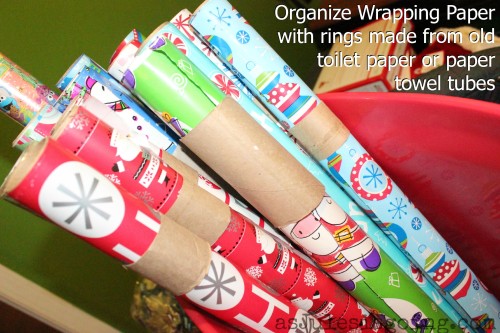 Organize Wrapping Paper with rings made from old toilet paper or paper towel tubes
