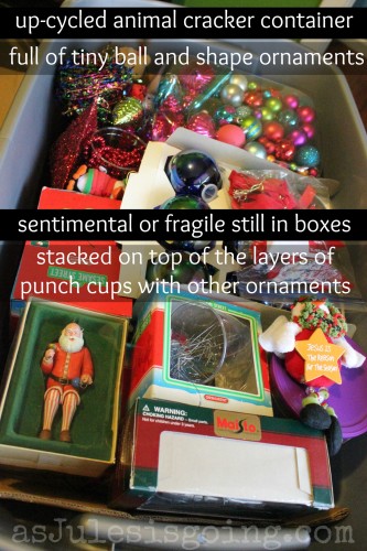 old animal cracker container full of tiny ball and shape ornamentssuper sentimental or fragile in original boxes